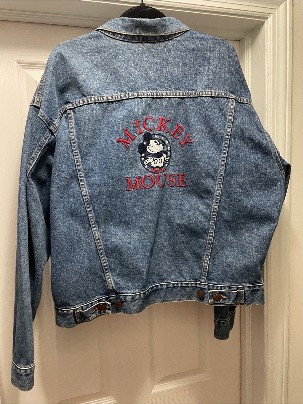 Vintage Disney 90s Blue Oversized Denim Jacket with Red Mickey Embroidery